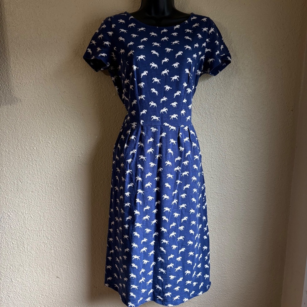 Boden Navy Blue Horse Print Jersey Dress Short Sleeve Midi Pockets US 6L